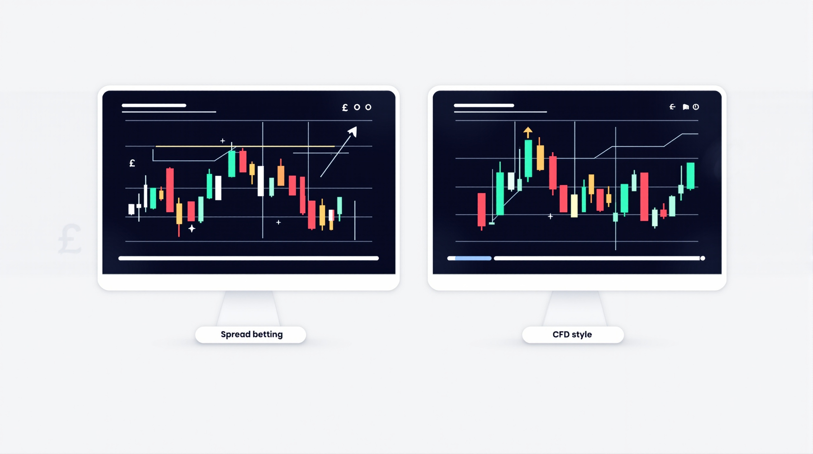 Split illustration comparing spread betting and CFD trading concepts on a UK trading screen