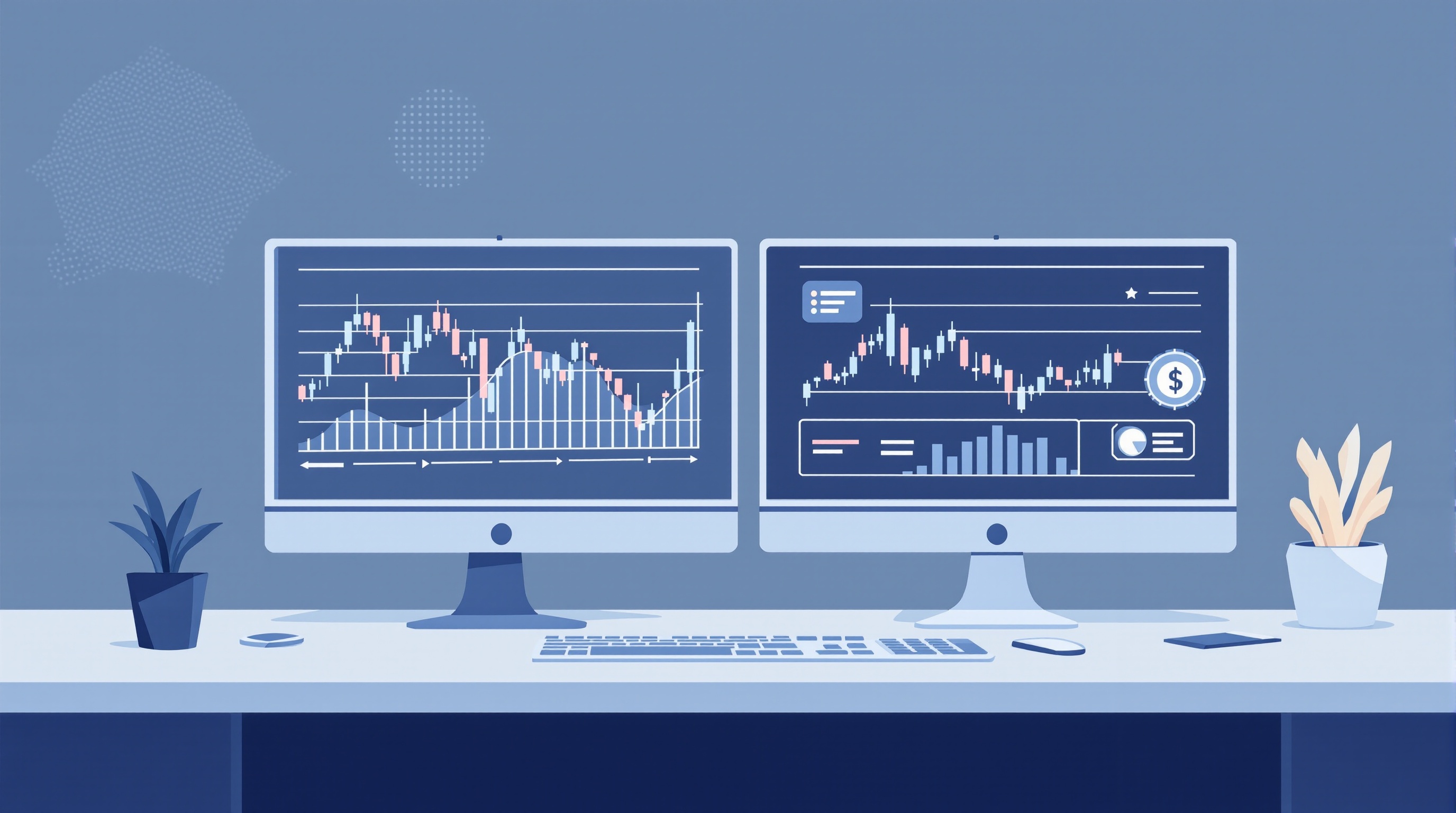 Trader analysing a declining equity curve and statistical charts on a dual-monitor desk setup