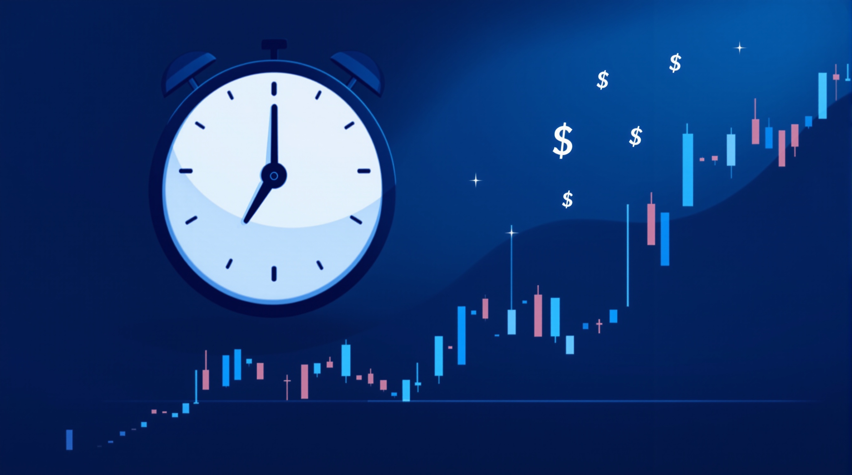 Illustration of a forex trading clock at midnight showing overnight swap charge applying to an open position