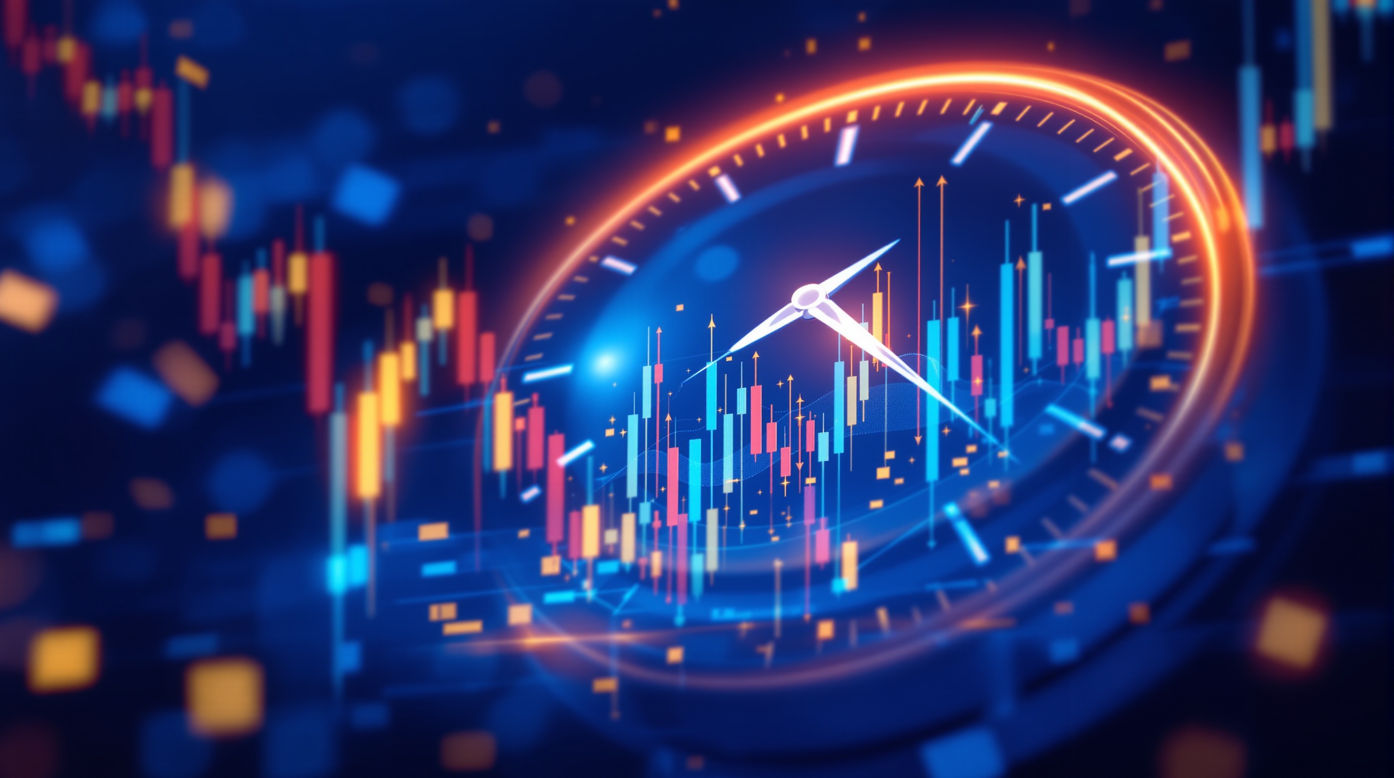Illustration of a clock overlaying a forex candlestick chart representing overnight swap charges
