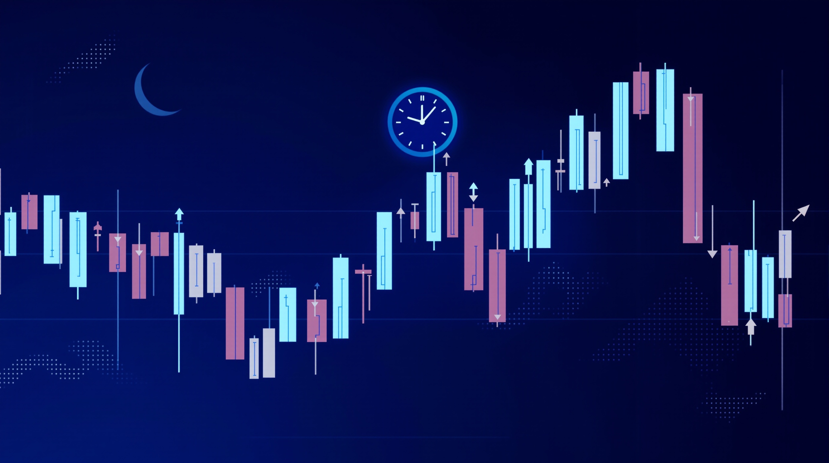 Illustration of a forex chart with a clock showing overnight rollover deducting from an account balance