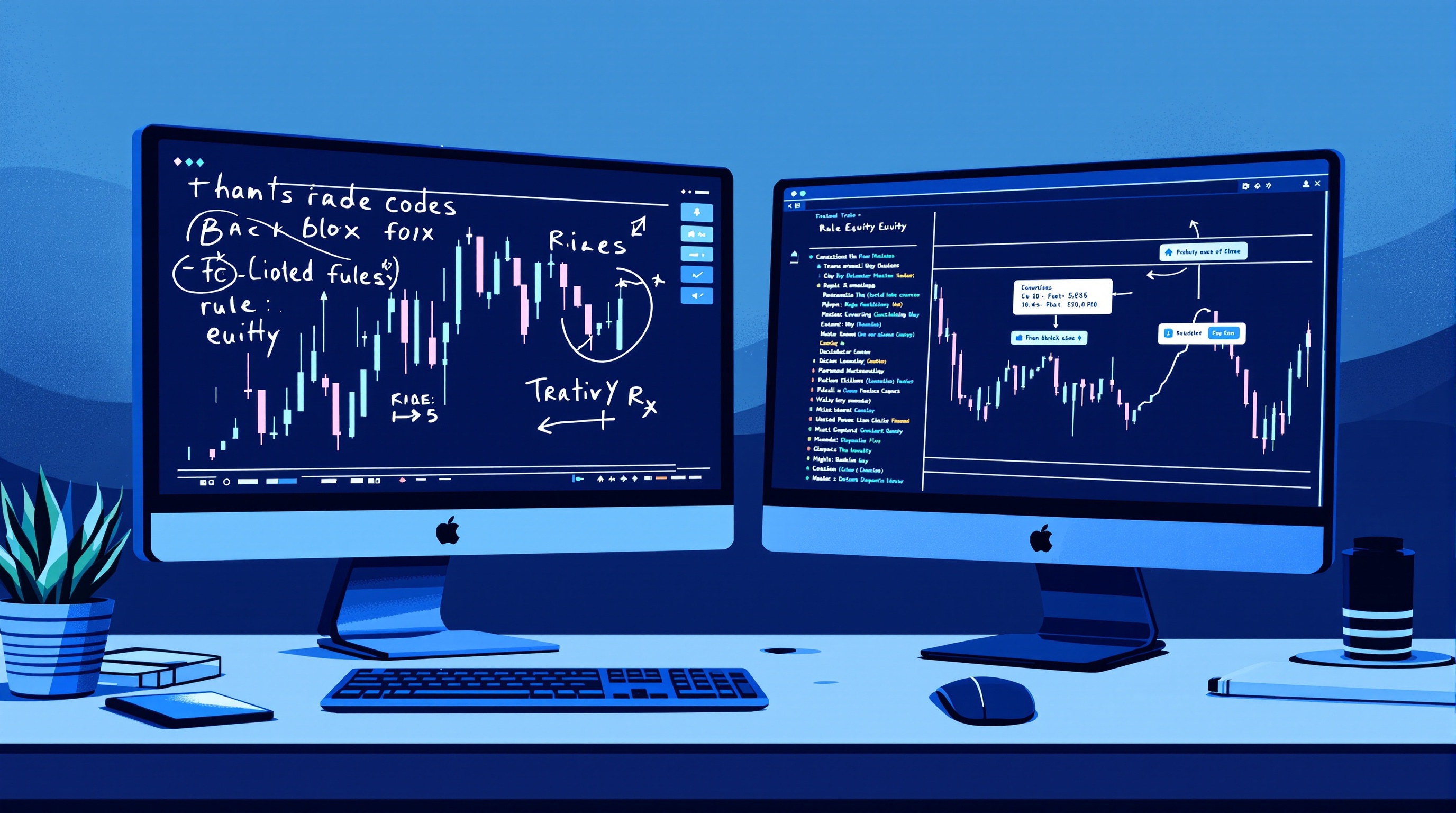 Trader converting handwritten chart notes into a coded rules-based trading system on two monitors