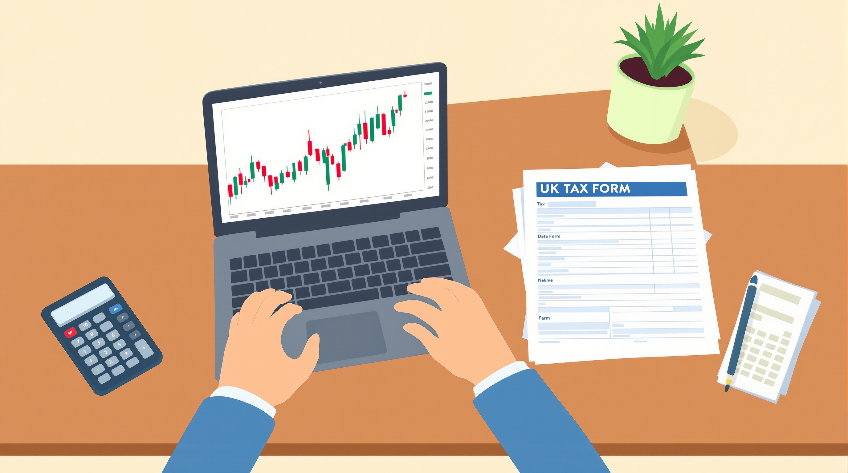 A trader reviewing HMRC Self Assessment paperwork next to a laptop showing trading charts