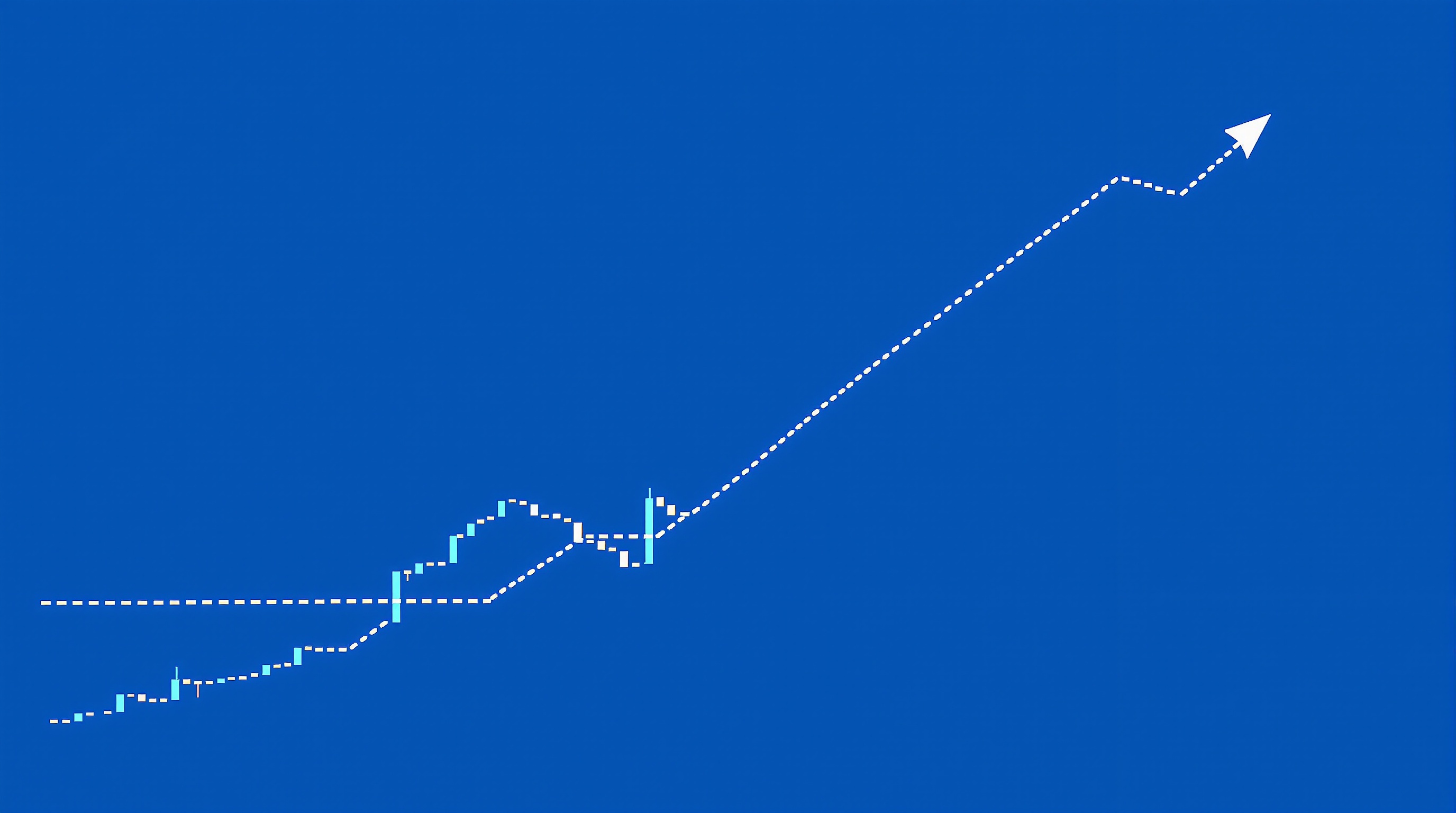 A candlestick chart with a trailing stop line stepping upward beneath rising price action