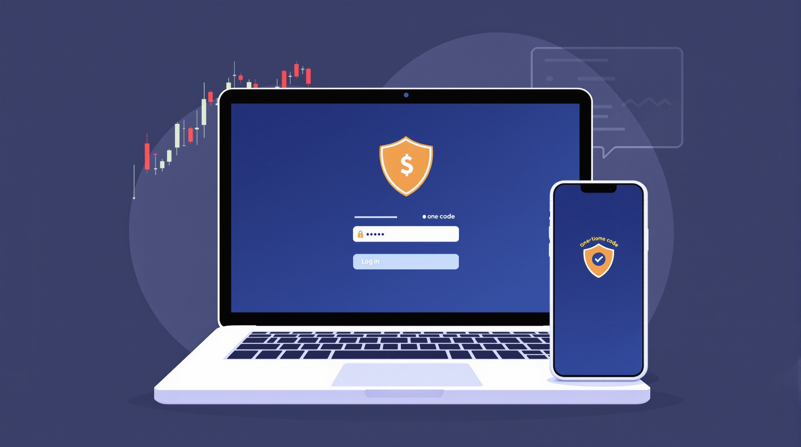 Trader enabling two-factor authentication on a laptop showing a broker login screen with a security code prompt