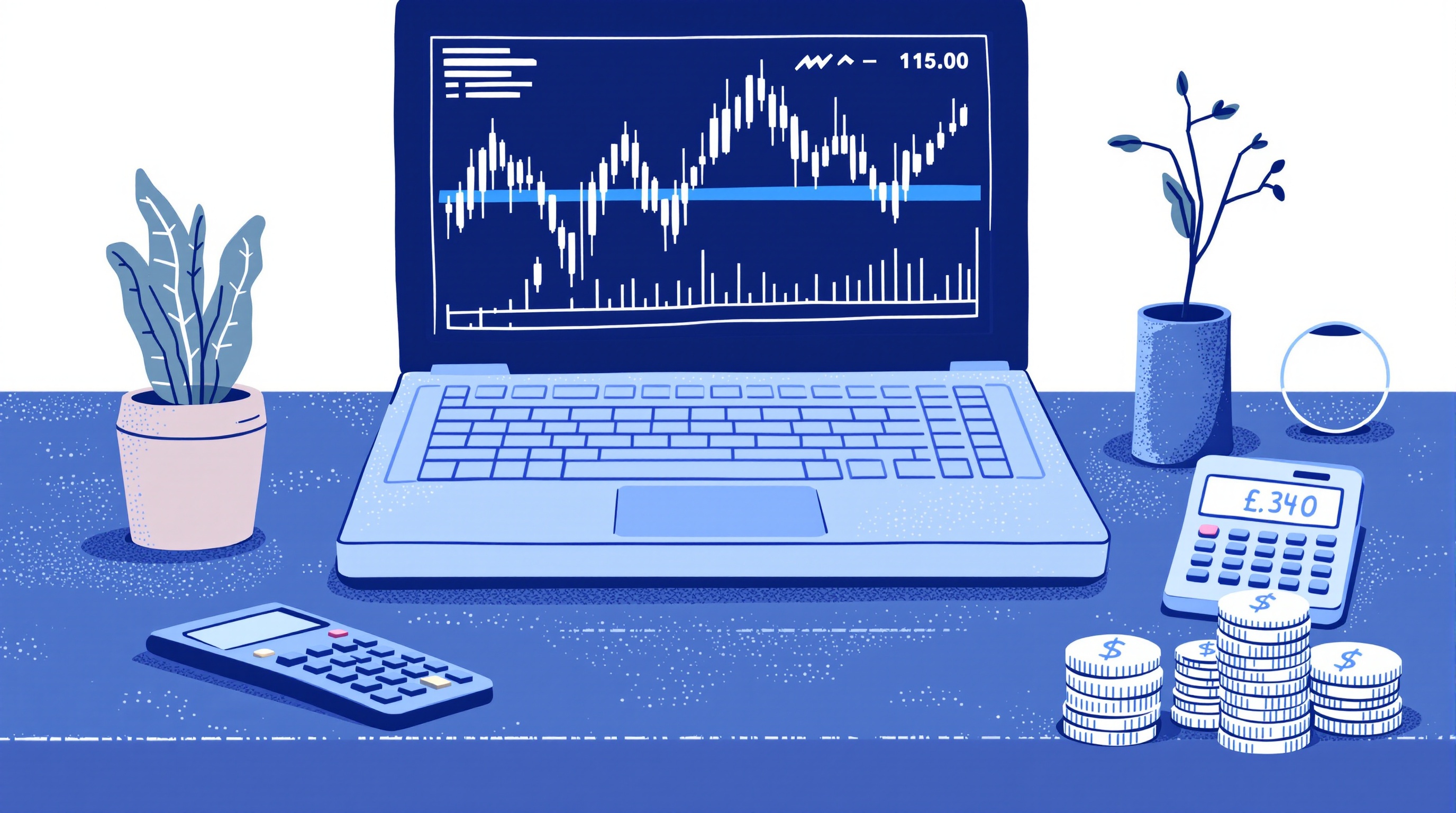 Trader calculating pip value and position size on a laptop with charts and a calculator