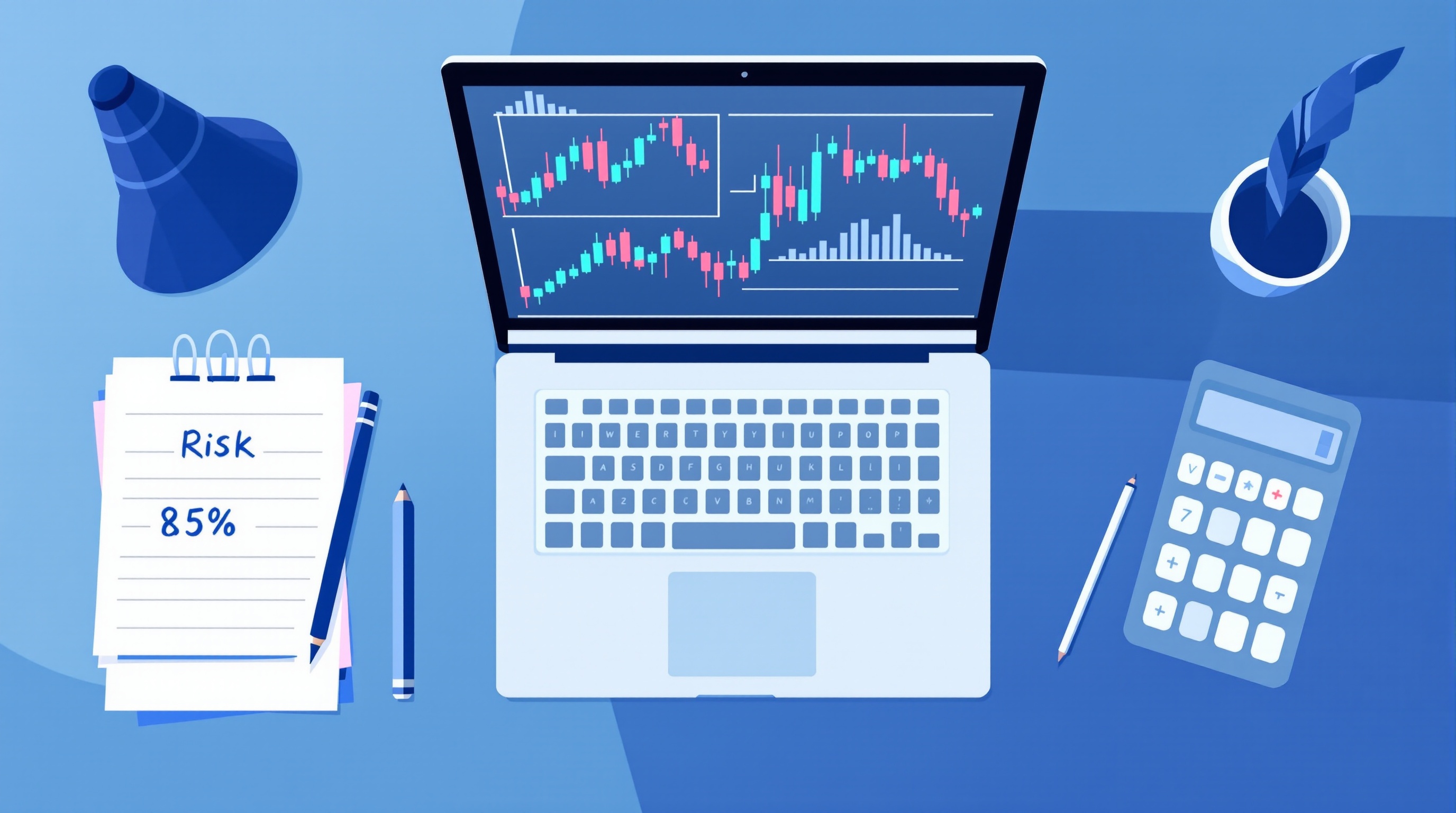 Trader calculating pip value and position size on a laptop with charts and a calculator
