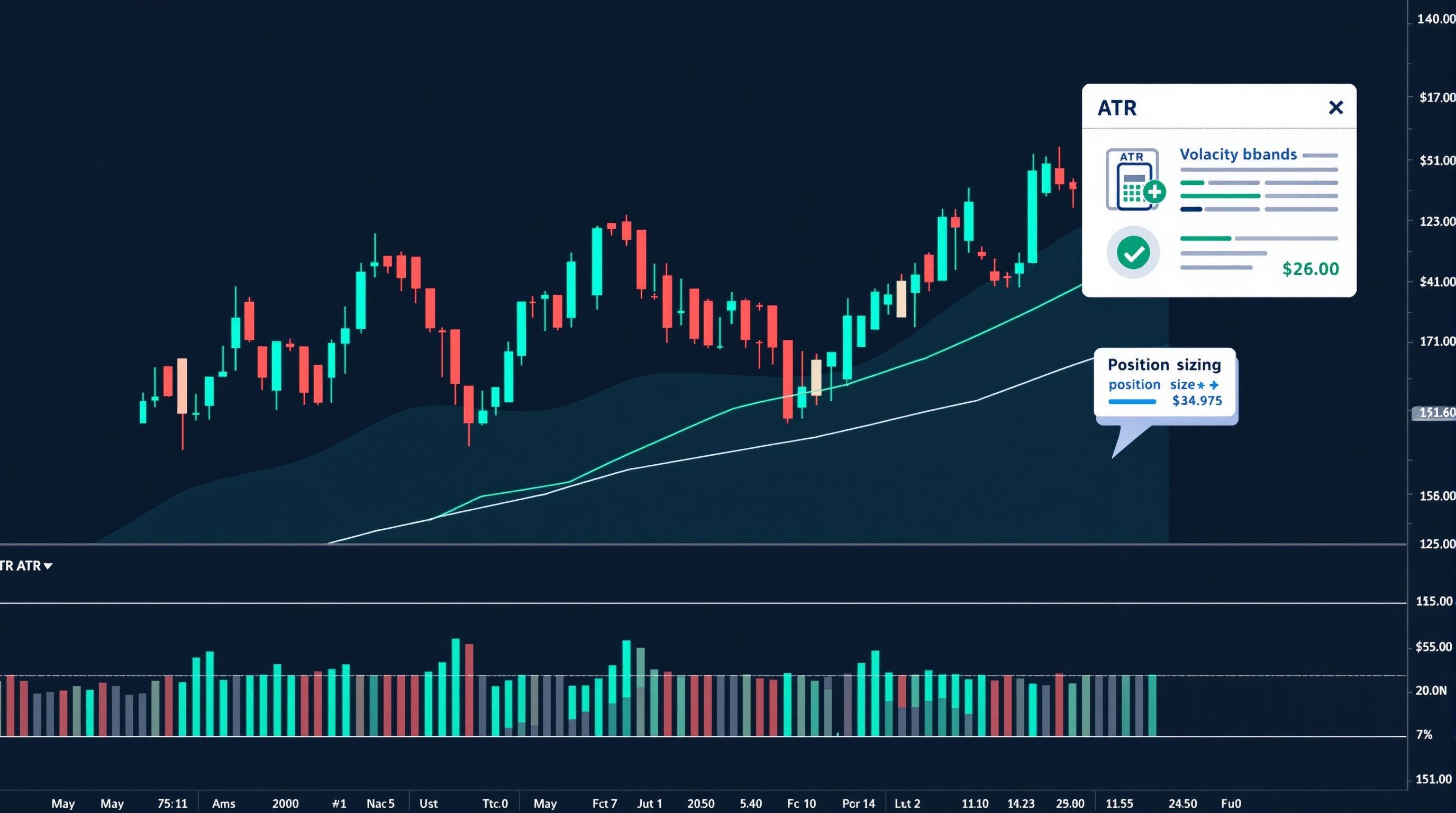 Chart showing ATR bands and a position size calculation overlay on a candlestick forex chart