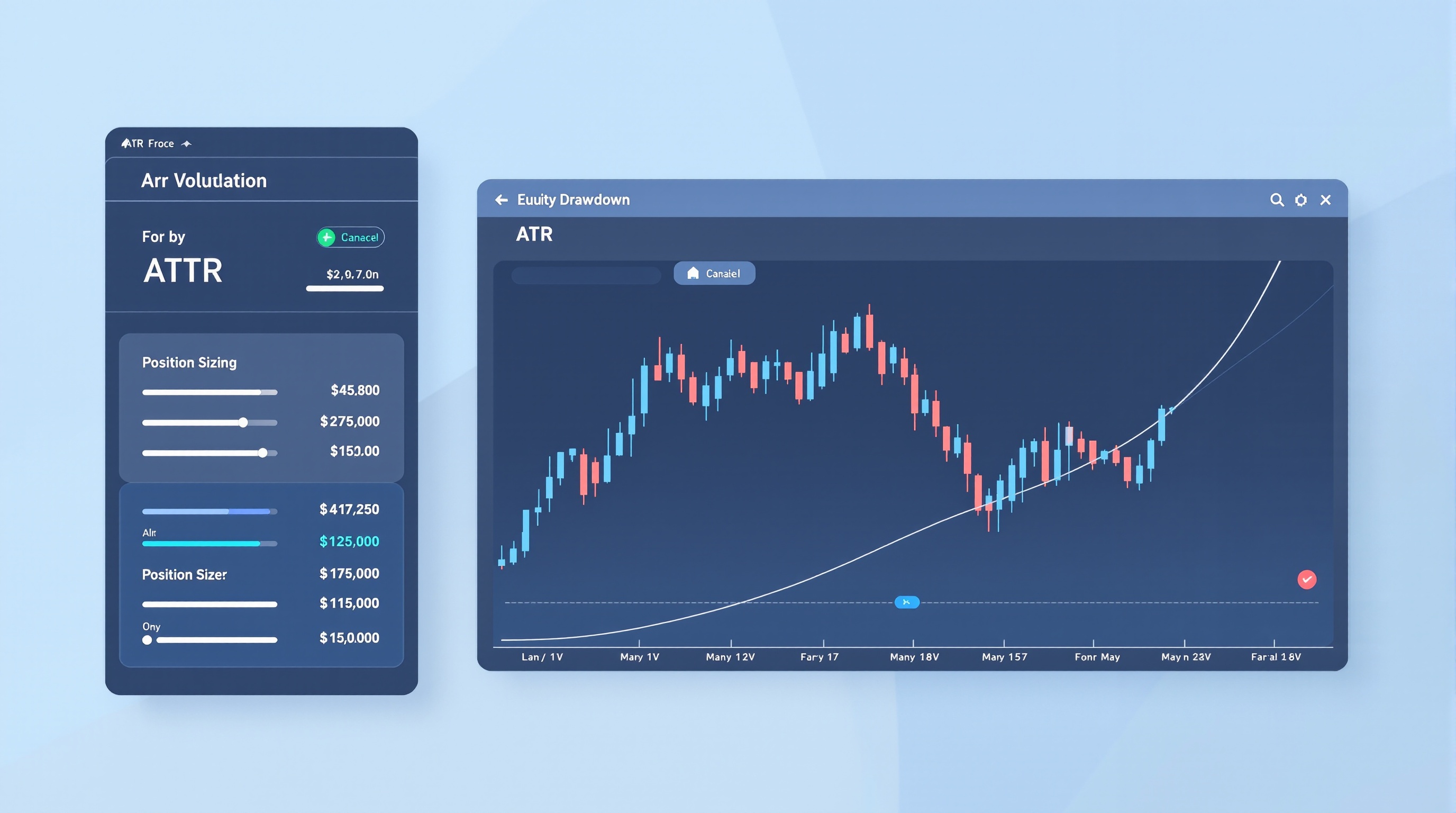 Trading chart with ATR volatility bands and a position-sizing calculator overlay