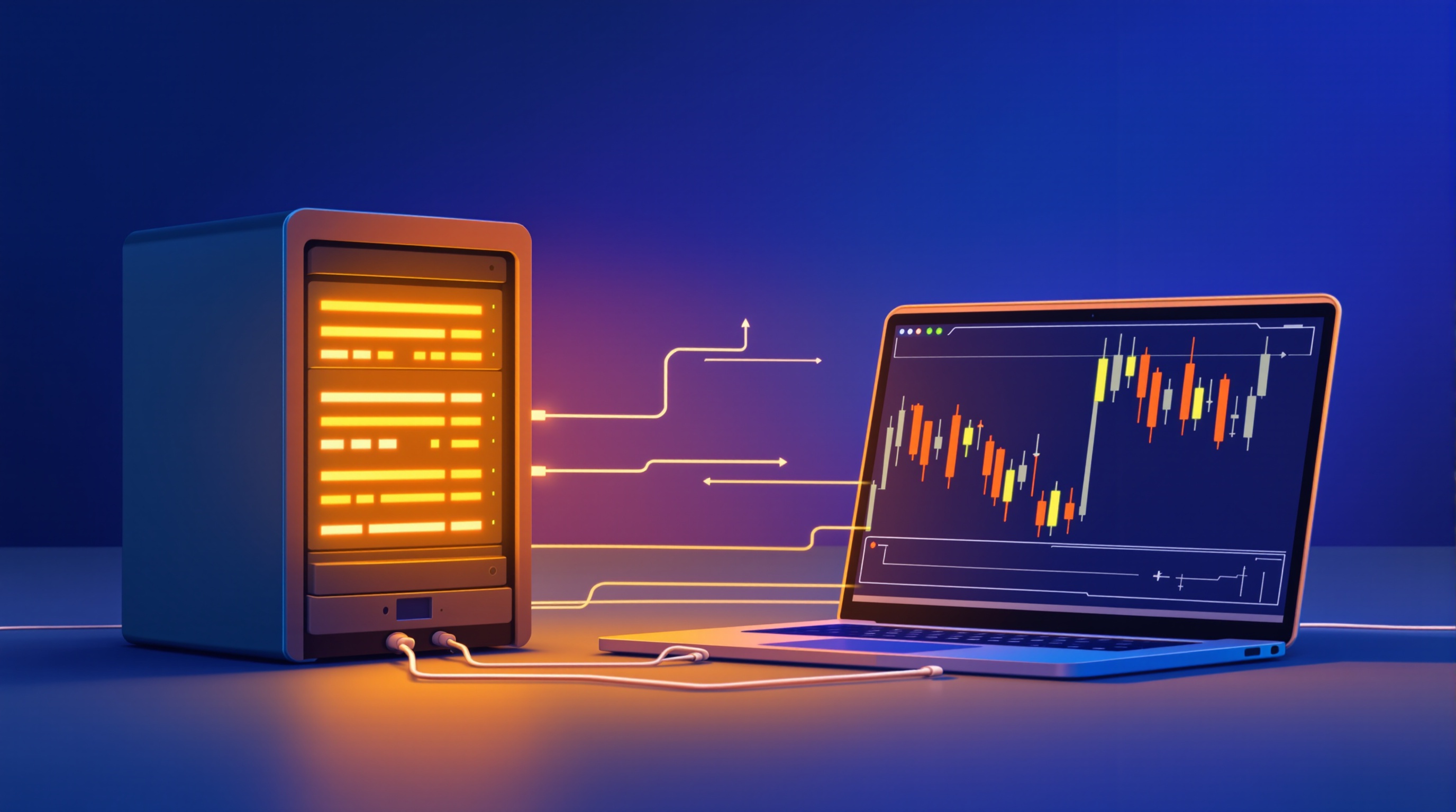 Illustration of a server rack connected to MetaTrader 4 candlestick charts representing a VPS trading setup