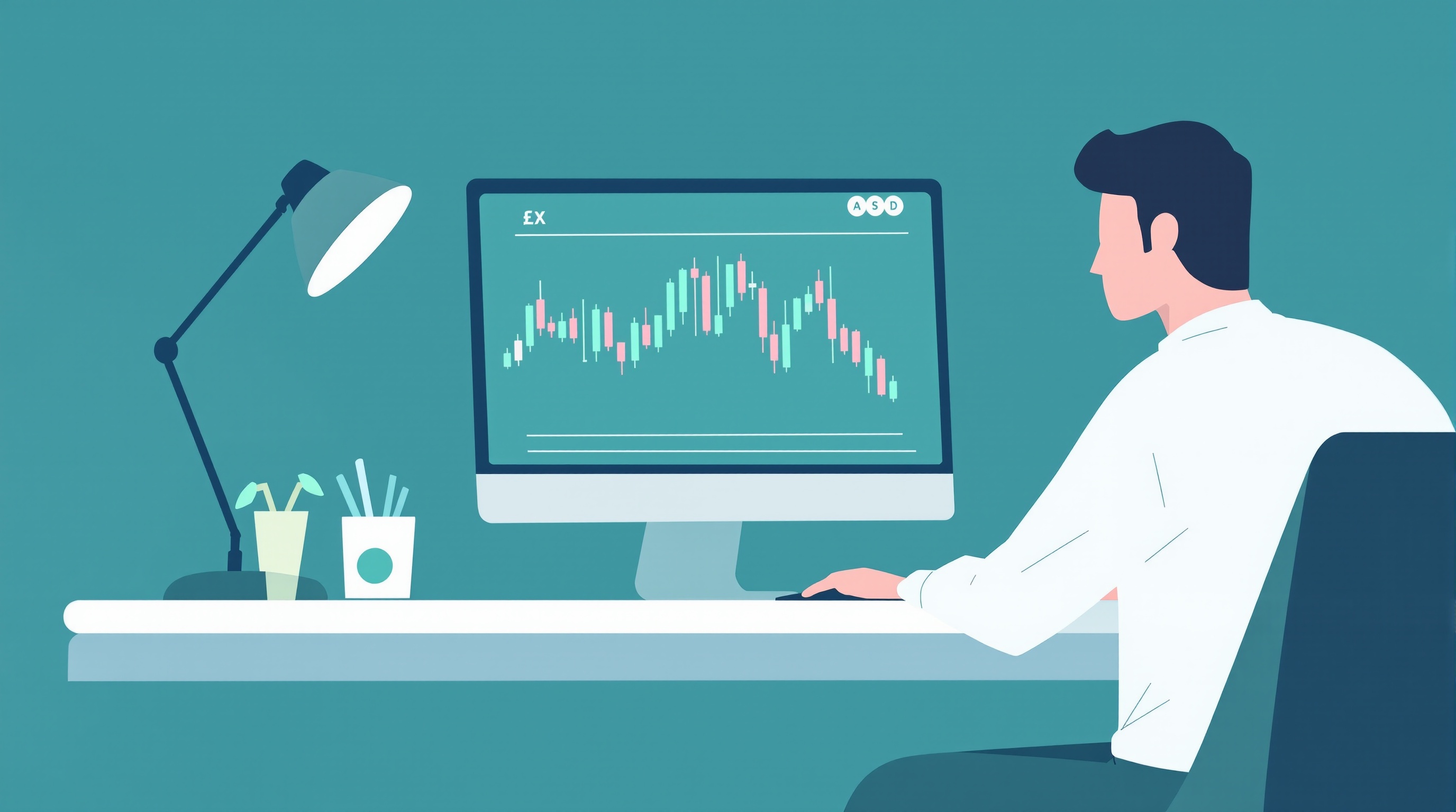 Illustration of a trader viewing a forex CFD price chart on a laptop screen