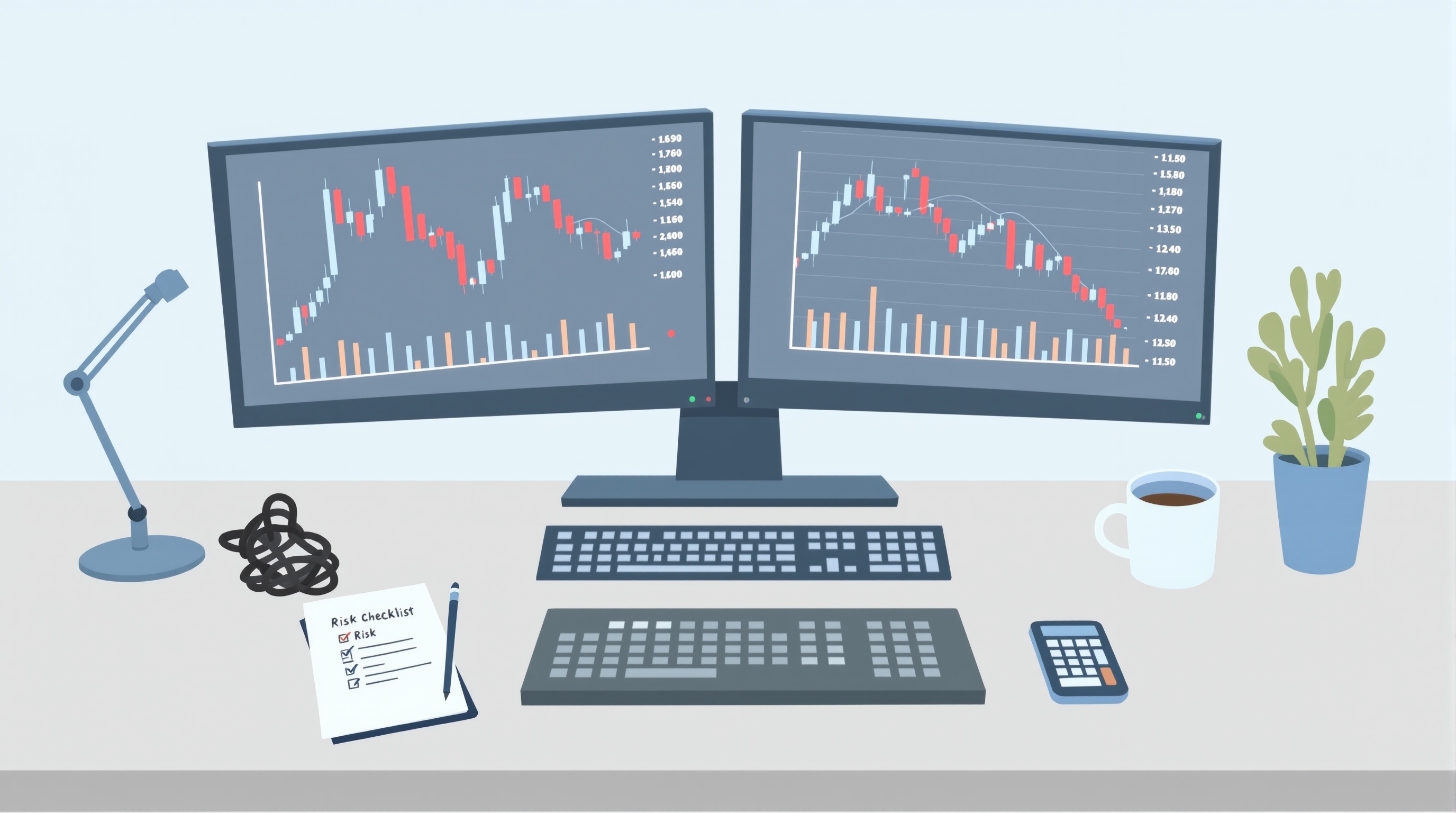 A trader's desk showing a shrinking account curve next to a risk checklist and calculator